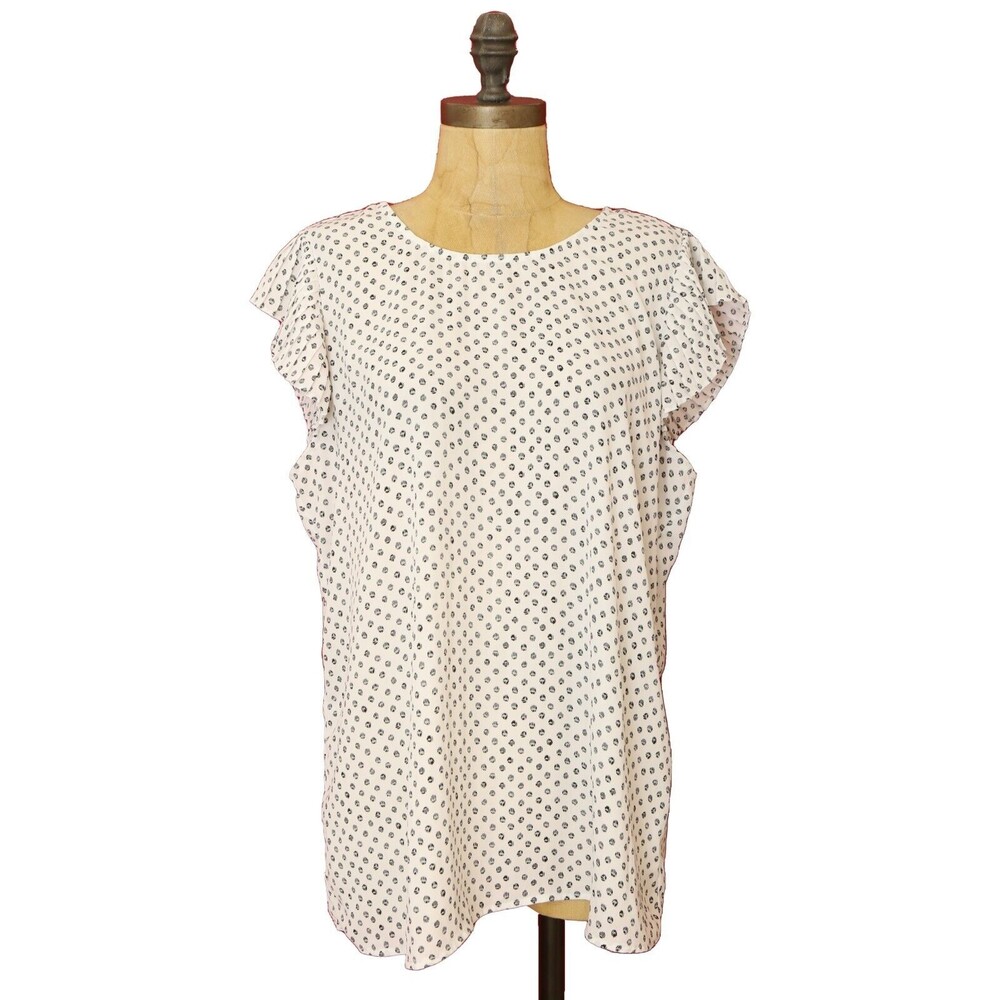 Adrianna Papell Polkadot Flutter Sleeve Top L Short Sleeve White Blouse EUC B77
